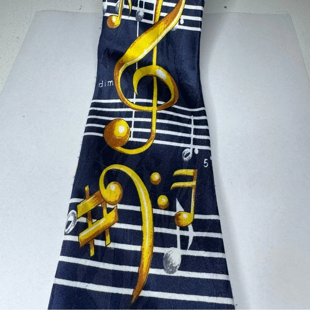 Everyday Music Notes Necktie Navy Blue Gold Treble Clef Novelty Tie